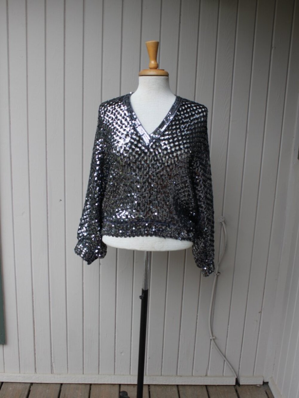 Vintage 70's Harry Action Silver Dolman Sleeve Sequin V-neck Disco Top XL - Picture 2 of 6